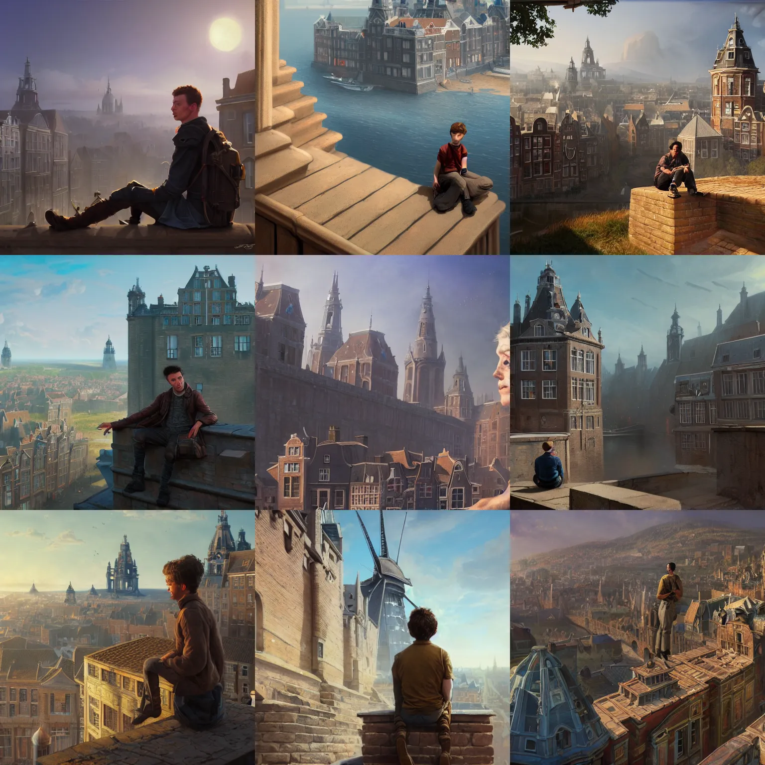 Prompt: establishing shot of a young man sitting atop the tall wall of a beautiful sci fi walled town inspired by amsterdam and victorian england and california, sunny weather and blue sky, digital painting, concept art, trending on artstation, matte painting, highly detailed, intricate, art by greg rutkowski and artgerm and craig mullins, cinematic, octane render, 8 k, unreal engine