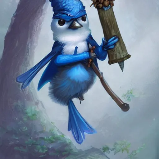 Image similar to cute little anthropomorphic blue jay, wielding a magic staff, tiny, small, short, wizard robe, cute and adorable, pretty, beautiful, dnd character art portrait, matte fantasy painting, deviantart artstation, by jason felix by steve argyle by tyler jacobson by peter mohrbacher, cinema