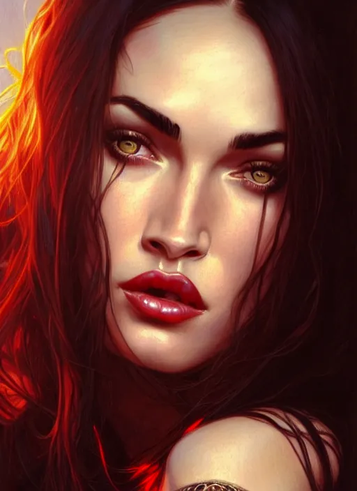 Prompt: portrait of megan fox as a vampire, jewelry, greek, ruby, intricate, headshot, highly detailed, digital painting, artstation, concept art, sharp focus, cinematic lighting, illustration, art by artgerm and greg rutkowski, alphonse mucha, cgsociety