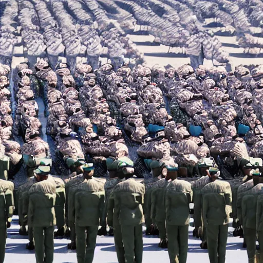 Prompt: a military parade doing goose steps while holding giant keyboards, 4 k photography