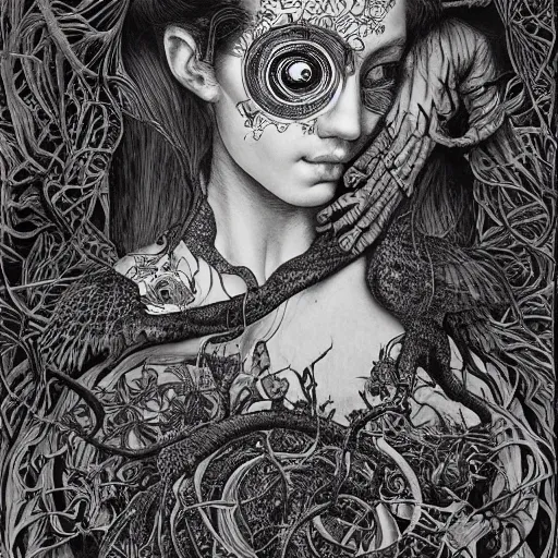 Image similar to life is so beautiful painted in alex grey and cameron gray style drawn by vania zouravliov and takato yamamoto, inspired by ooioo, intricate wood carving, black and white, 3 d, high detail, sharp high detail, artstation, octane