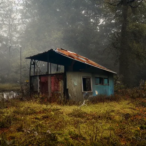 Prompt: abandoned decrepit home and shed in the middle of a grassy clearing in the forest, slowly being reclaimed by nature. rusted vintage car under a leaky car port. fog, rain, volumetric lighting, beautiful, golden hour, sharp focus, ultra detailed, cgsociety - w 1 0 2 4 - n 8 - i