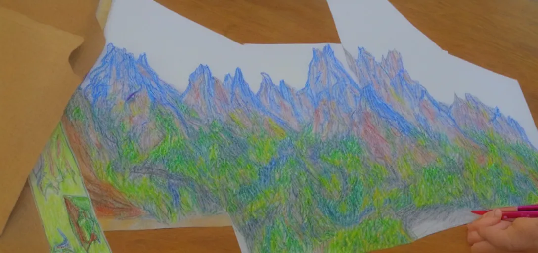 Prompt: Rivendell landscape drawn in crayon by a five-year old