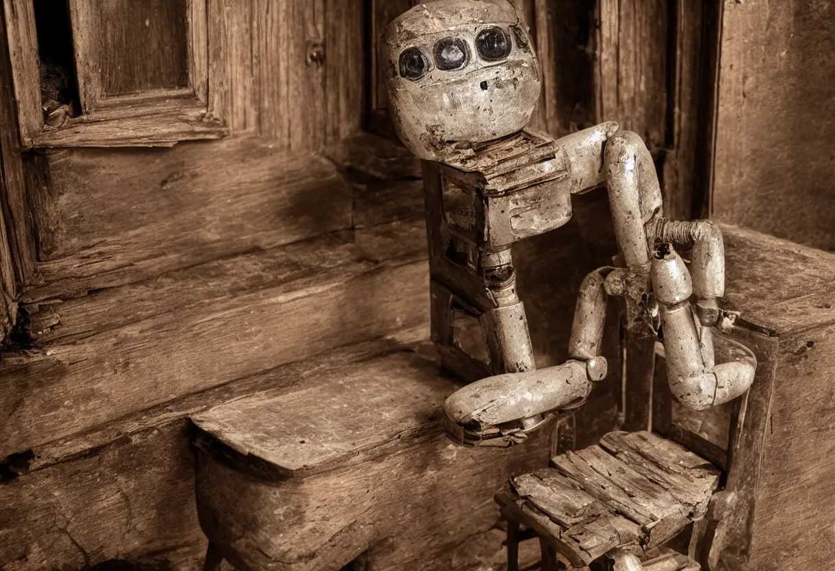 Image similar to An intimate extreme closeup photograph of a single lonely robot sitting on a aged wooden rocking chair in front of a single beautiful fireplace in a dilapidated Victorian home