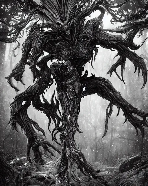 Image similar to A forest elemental, terrifying, black and white, fantasy art, monster art, in the style of masami kurumada, illustration, epic, fantasy, intricate, hyper detailed, artstation, concept art, smooth, sharp focus, ray tracing