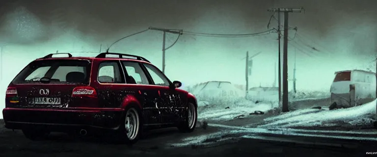 Image similar to Audi A4 B6 Avant (2002), a gritty neo-noir, dramatic lighting, cinematic, eerie person, death, homicide, homicide in the snow, viscera splattered, gunshots, bullet holes, establishing shot, extremely high detail, cracked windows, photorealistic, arson, cinematic lighting, artstation, by simon stalenhag, Max Payne (PC) (2001) winter New York at night, In the style of Max Payne 1 graphic novel, flashing lights, Poets of the Fall - Late Goodbye