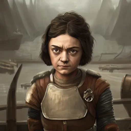 Prompt: arya stark as a beautiful muscular female gnome mechanic, short black pixie undercut hair, standing on ship deck, naval background, intricate, D&D, highly detailed, full body portrait, wide angle, digital painting, artstation, smooth, sharp focus, great composition, illustration, art by Greg Rutkowski, trending on artstation