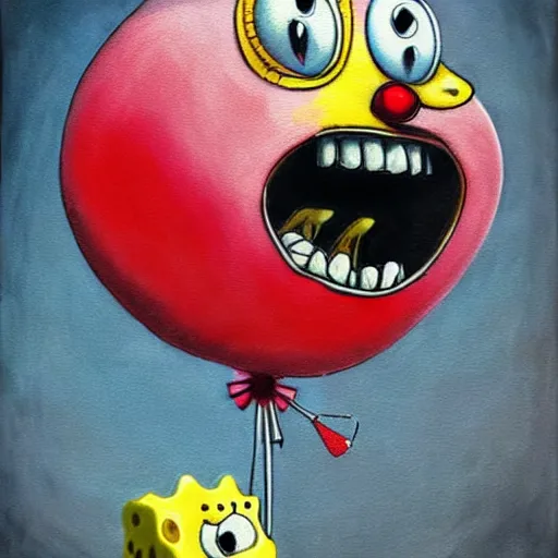 Image similar to grunge painting of spongebob with a wide smile and a red balloon by chris leib, loony toons style, pennywise style, corpse bride style, horror theme, detailed, elegant, intricate