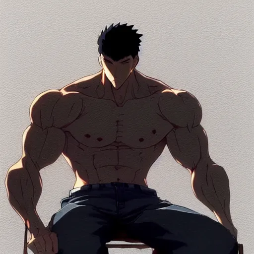 Prompt: a handsome muscular man wearing fashionable street attire, sitting down casually, square masculine facial features, short messy hair, intimidating appearance, trending on pixiv fanbox, by greg rutkowski makoto shinkai takashi takeuchi studio ghibli, akihiko yoshida