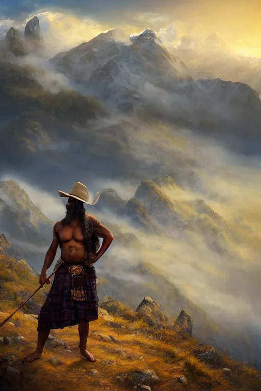 Prompt: a dramatic epic beautiful ethereal painting of a shirtless rugged muscular indian man on a mountain path | he has a very hairy chest and is wearing a plaid kilt and cowboy hat, and holding a walking stick | background is mountain peaks and clouds | dramatic lighting, golden hour, homoerotic, realistic, art nouveau | by mark maggiori | trending on artstation