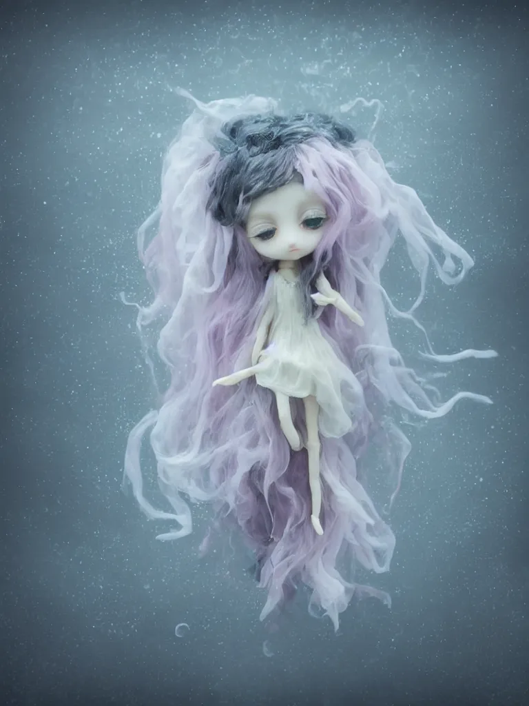 Prompt: cute fumo plush doll of an otherworldly translucent jellyfish goth maiden girl floating in the deep sea, mysterious tattered black tendrils and dress, glowing wraith girl, wisps of volumetric fog and smoke in vortices, vignette, bokeh, vray