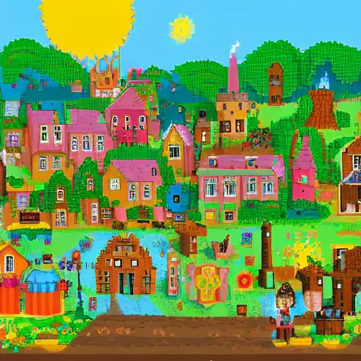 Prompt: sunny magical village with fairies and animals and plants and brewery and mill and giant sleeping next to it, pixel art