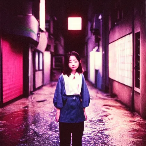 Image similar to 1990s perfect 8K HD professional cinematic photo of close-up japanese schoolgirl posing in dystopian alleyway with neon signs, at evening during rain, at instagram, Behance, Adobe Lightroom, with instagram filters, depth of field, taken with polaroid kodak portra