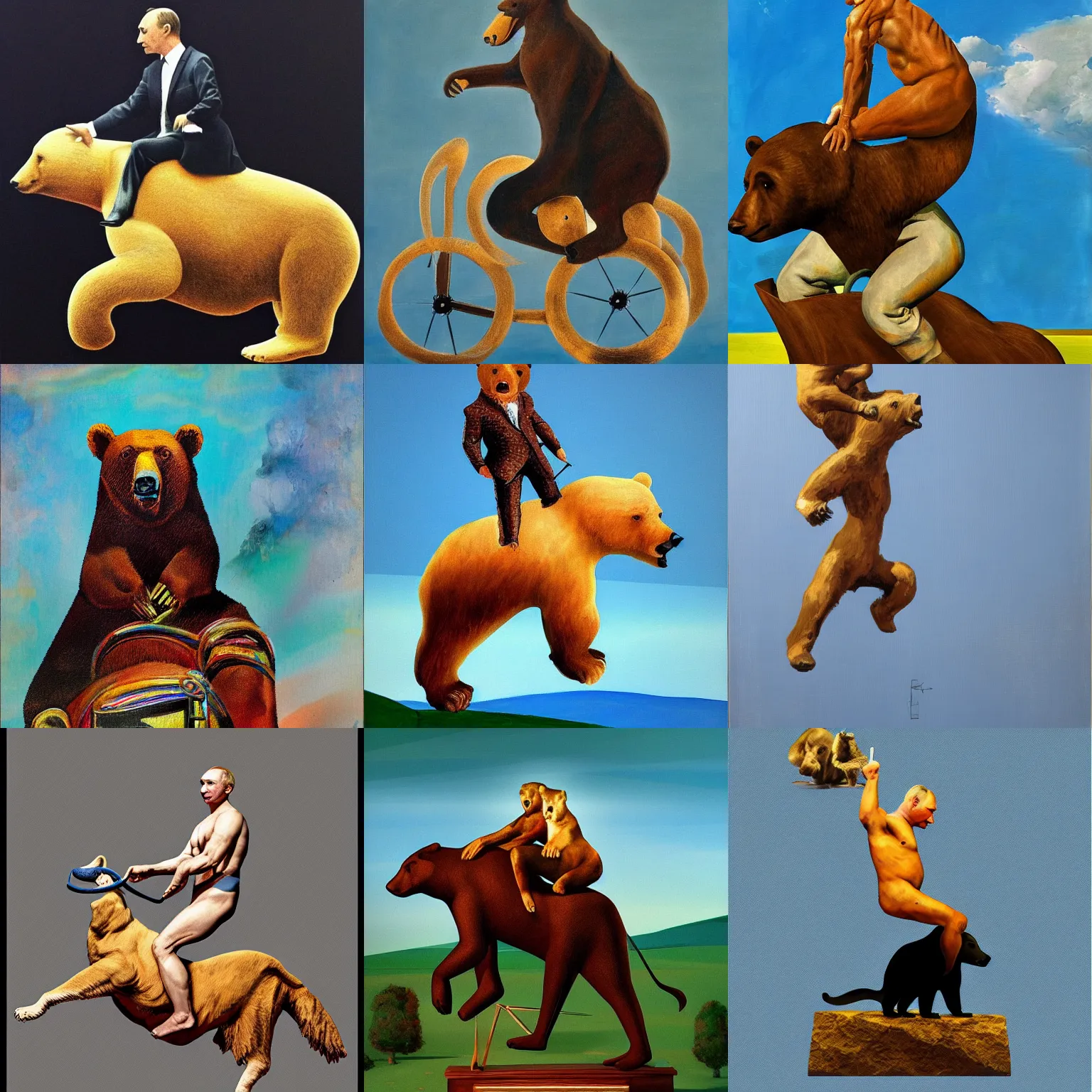 Prompt: modern art, award winning, sold for, masterpiece, profile putin riding a bear, art by salvador dali, artstation