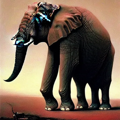 Prompt: a line of giant elephant painting by beksinski, barlowe colors. masterpiece painting