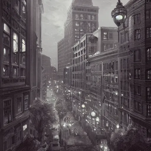 Image similar to downtown boston 1 9 2 5, atmospheric lighting, intricate, ultra detailed, well composed, best on artstation, cgsociety, epic, stunning, gorgeous, intricate detail, wow, masterpiece