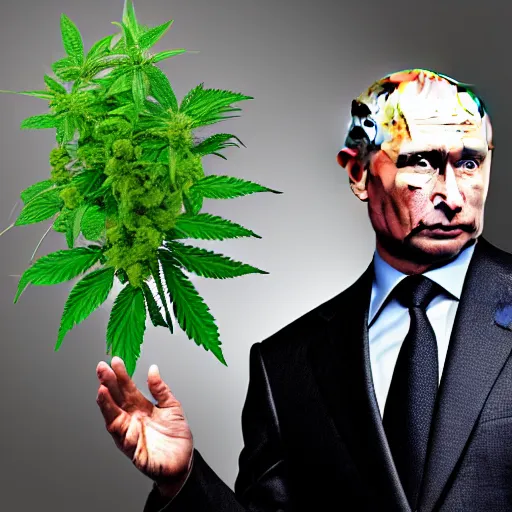 Image similar to Vladimir Putin holding a giant marijuana plant, detailed face, realistic face, amazing digital art, highly detailed, trending on artstation