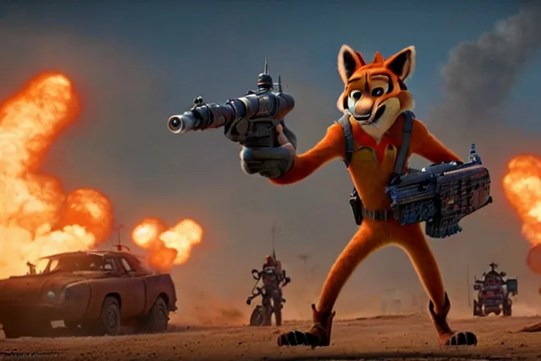 Image similar to nick wilde ( from zootopia ), heavily armed and armored facing down armageddon in a dark and gritty reboot from the makers of mad max : fury road