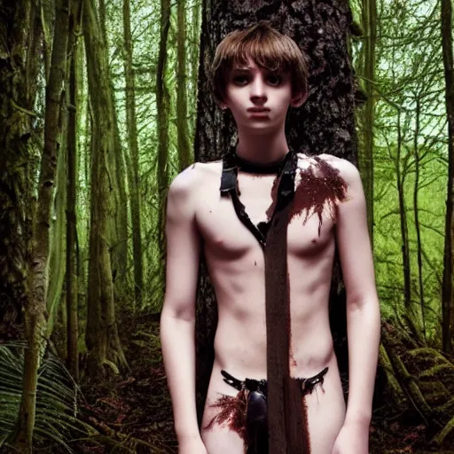 Prompt: a teenage boy, around 1 6 yo. choker necklace. natural brown hair. loincloth, pale skin. detailed face. scar on chest. ominous and eerie looking forest in background. natural colors. hyperrealistic photo.