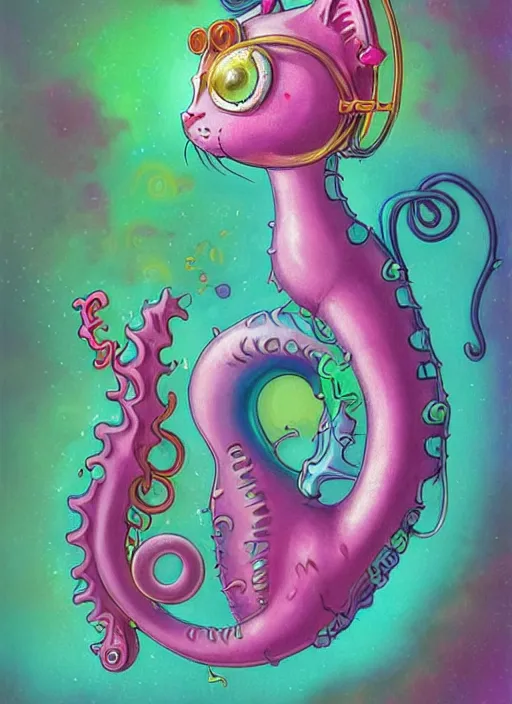 Prompt: cat seahorse fursona wearing headphones, autistic bisexual graphic designer, long haired attractive androgynous coherent detailed character design, weirdcore voidpunk digital art by delphin enjolras, cory loftis, leonetto cappiello, louis wain, furaffinity, cgsociety, trending on deviantart