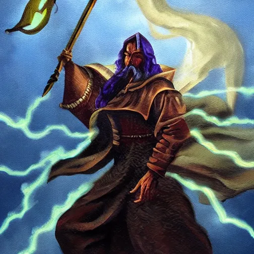 Image similar to Artistic painting of a wizard fighting the forces of evil