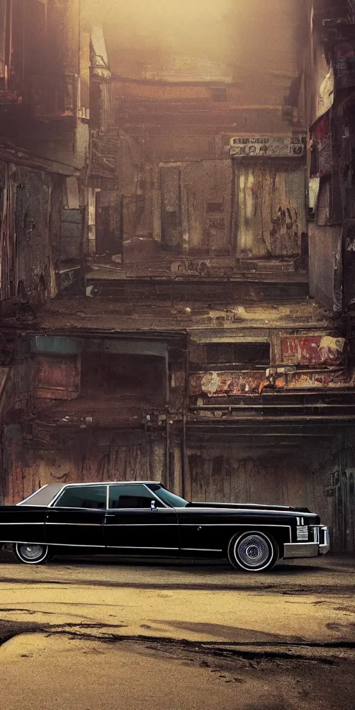 Prompt: A mysterious black 1970's Cadillac DeVille, abandoned in a dark and misty back alley during a lightning storm, vibrant colors, by Stephen King, misty, moody, sinister, cinematic lighting, cinematic color grading, 8k render, hyperrealistic, ultra HD, Unreal Engine 5 render