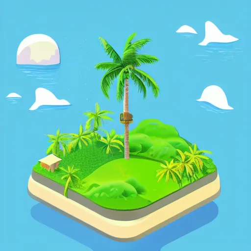 Prompt: isometric view of a small island with a single palm tree by Chiho Aoshima