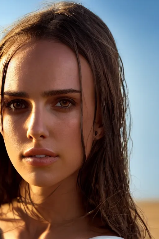 Image similar to a photo of a girl half Nathalie Portman half Jessica Alba, portrait at beach, 3/4 view, amber eyes, a shy face, Refined, Detailed professional photo, 50mm lens, Canon eos, soft an diffuse lights, autumn light, blurry distant background, Highly Detailed, Cinematic Lighting, Unreal Engine, 8k, HD