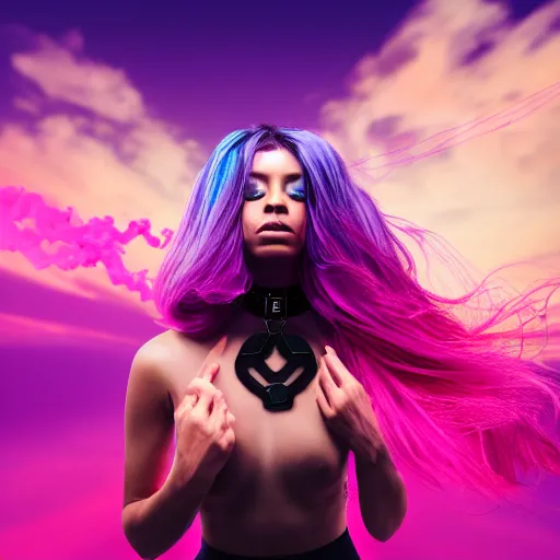 Image similar to a award winning action upper body portrait of a beautiful woman with a ombre purple pink hairstyle with head in motion and hair flying, choker, outrun, vaporware, vivid colors, highly detailed, fine detail, intricate