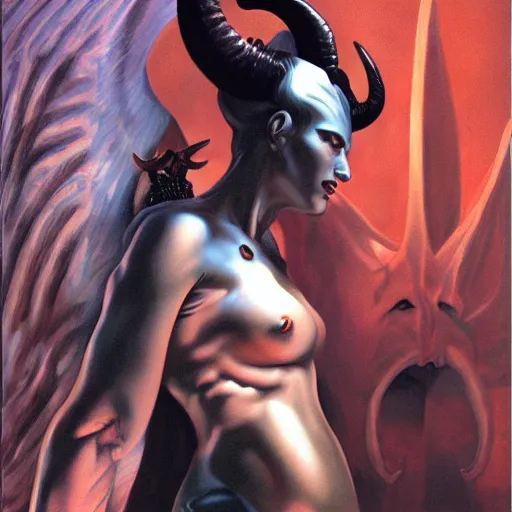 Image similar to portrait of a female demon with horns, by alex ross