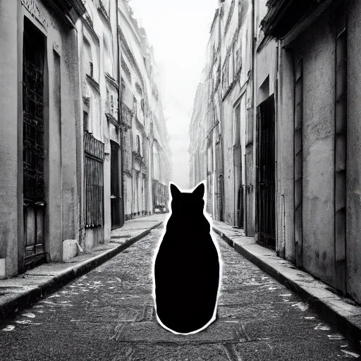 Image similar to Une photo professionnelle en noir et blanc de plusieurs chats noirs dans une ruelle de Paris , deviantart, réalisme, tendance sur artstation, éclairage volumétrique, ray tracing, 8k