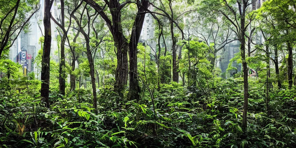 Prompt: new york, time square but on every screen there is a forest, overgrown with plants, natural lighting, beautiful composition