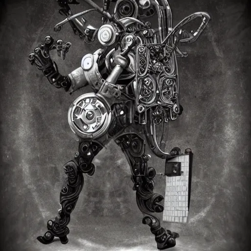 Prompt: mythical black and white organic bio - mechanical stick nerd holding an axe in one hand and a computer in the other. nerd glasses. detail of mechanical beautiful axe swinging cyborg, highly detailed, intricate steampunk ornate, poetic, 3 d render, digital art, octane render, 8 k artistic photography, photo - realistic, by dora maar