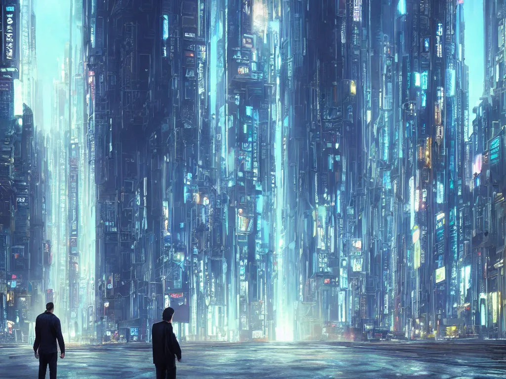 Prompt: hyperrealistic and beautiful painting of a man standing on the street of a grand metropolis, classical architecture, technological lights, screens, cyberpunk style, 8 k resolution, by hugh ferris and john smith, polished, fine detail, intricate, blue color scheme, cyberpunk style, smooth, octane, concept art, trending on artstation