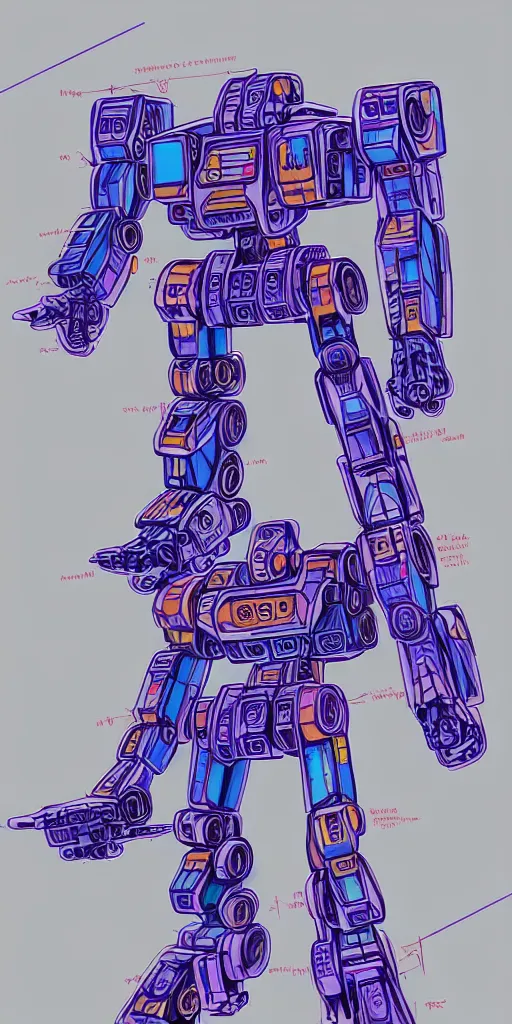 Prompt: blueprint of a colorful battletech mecha, technical draw, concept art, extreme detail, 3 5 mm, colorful, phone wallpaper