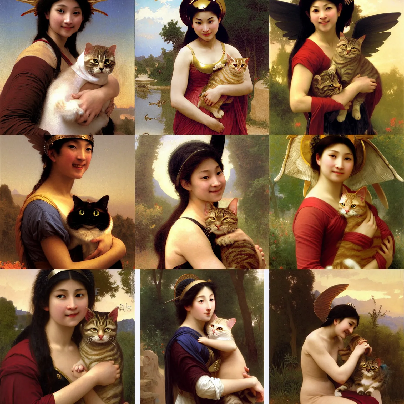 Prompt: Smiling sorceress holding a tabby cat, wearing a winged helmet. Skinny asian woman with short-cut shoulder length hair, wearing a winged helmet. Art by William-Adolphe Bouguereau. During golden hour. Extremely detailed. Beautiful. 4K. Award winning.
