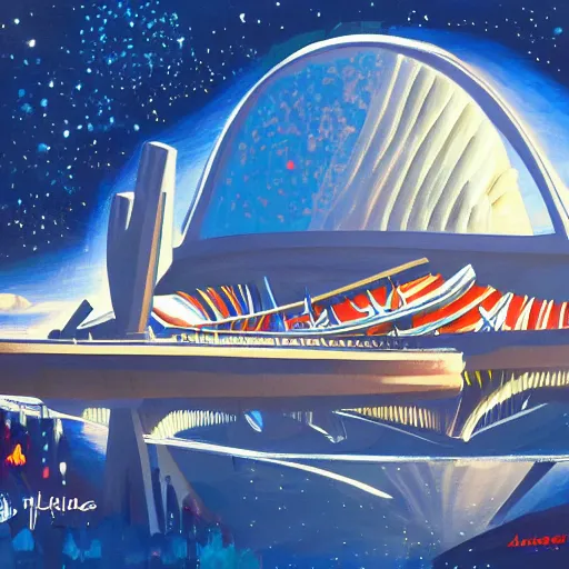 Image similar to painting of space mountain, disney world, florida, artstation