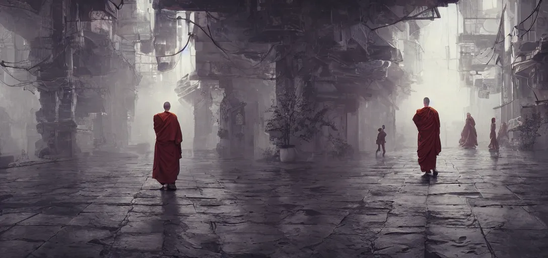 Image similar to 1 monk meditating in a cyberpunk world with people walking around wearing vr headset by eugene von guerard, ivan shishkin, concept art, center composition, trending on artstation