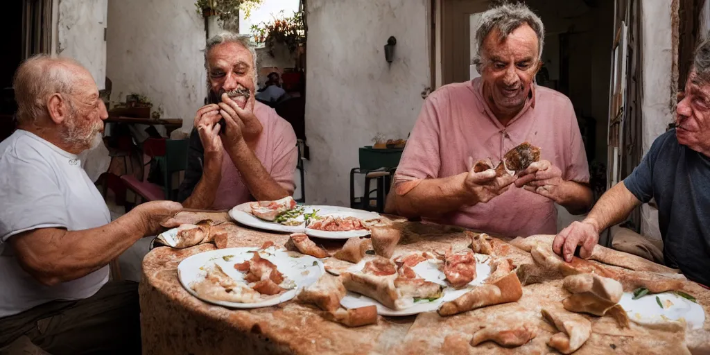 Image similar to cats sharing their mortadella with owner at a trullo house, photoreal, 3 5 mm, award winning photography