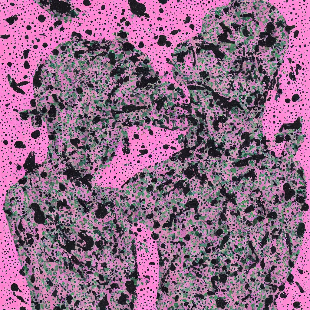 Image similar to camo made of out teeth, smiling, abstract, maya bloch artwork, pink convertible, do hoang tuong artwork, cryptic, dots, stipple, lines, splotch, color tearing, pitch bending, faceless people, dark, ominous, eerie, minimal, points, technical, old painting