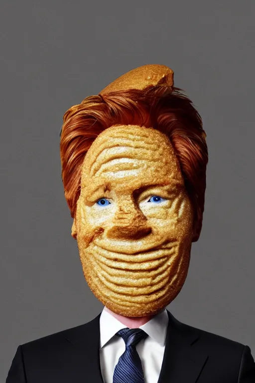 Image similar to 📷 conan o'brien the ice - cream cone 🍦, made of food, head portrait still image, dynamic lighting, 4 k