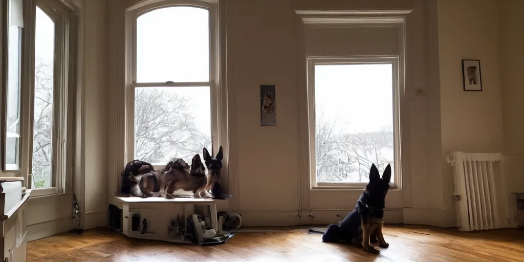 Prompt: wide - angle photo from 2 0 feet distance. a german shepherd puppy sits on the sofa near a bay window in a cozy kitchen. the puppy is patiently waiting while looking outside on a warm sunny day. muted colors, dark outlines, bill watterson