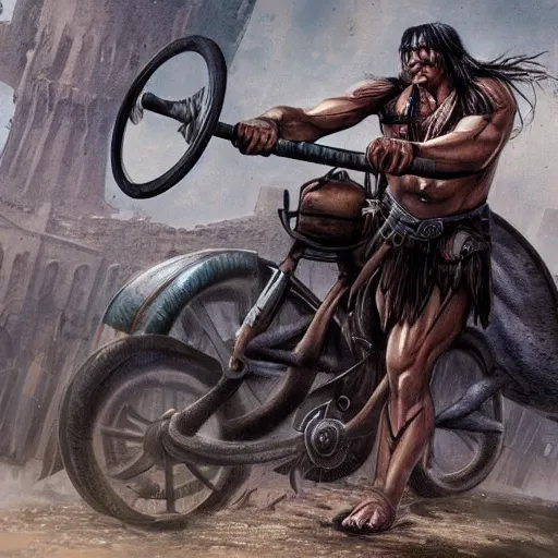 Image similar to Conan barbarian ride bycicle, photorealistic