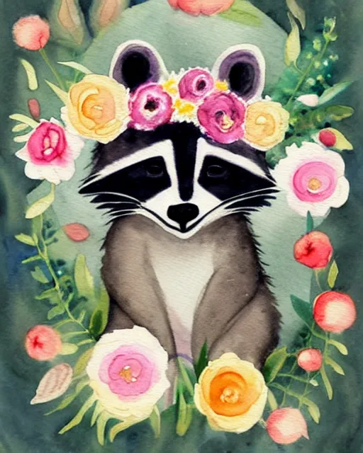 Image similar to a painting of a raccoon wearing a flower crown, a watercolor painting by annabel kidston, a storybook illustration, trending on pinterest, rococo, muted colors, soft, smooth, made of flowers, watercolor, whimsical, white paper, minimalist, simple