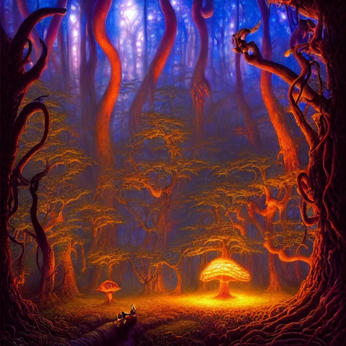 Prompt: an enchanted forest at night illuminated by glowing mushrooms, tim hildebrandt, wayne barlowe, bruce pennington, donato giancola, larry elmore, oil on canvas, masterpiece, trending on artstation, featured on pixiv, cinematic composition, dramatic pose, beautiful lighting, sharp, details, hyper - detailed, hd, hdr, 4 k, 8 k