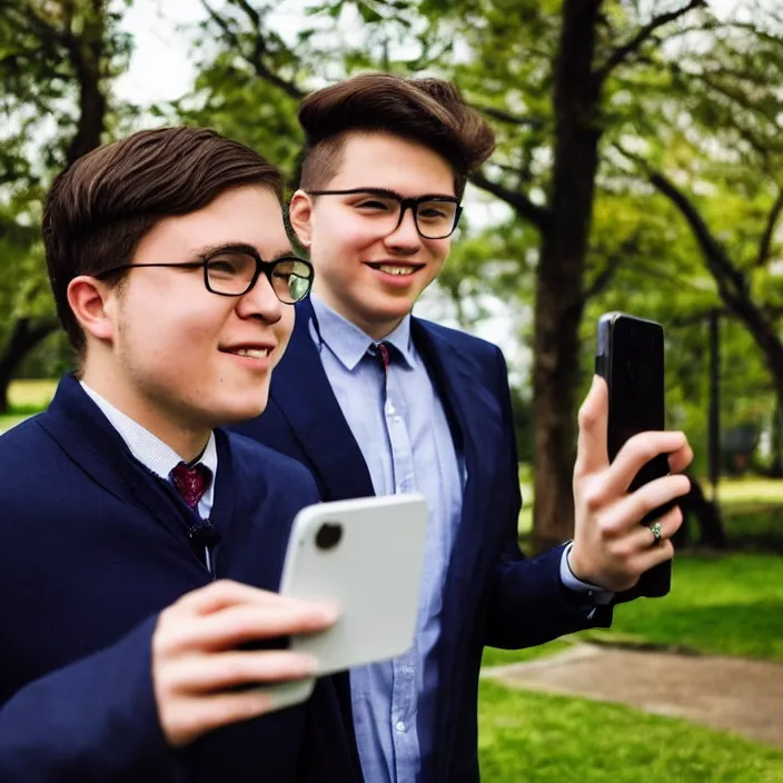 Prompt: modern color fine details iphone 12 Pro selfie photograph of a young 20 year old Warren Buffet at 20 years old taking a selfie in a park on an iPhone 12 Pro, 20 year old Warren Buffet, modern HD cell phone photograph in color, instagram,