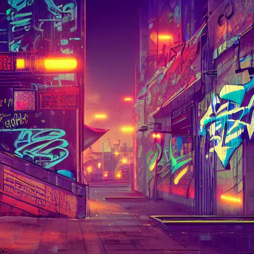 Image similar to graffiti on a wall in an old building, happy mood, cyberpunk, futuristic, neon, high detail, golden light, realistic