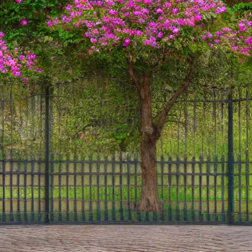 Image similar to delicate, chairs, garden, paved, botanic photography, iridescent, 8 k, realistic shaded, fine details, artstation, italian, iron gate, tree, mediterranean