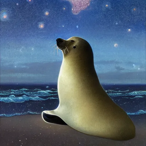 Image similar to a realistic oil painting of a selkie seal on the beach, at night with a sky full of stars, highly detailed, trending on artstation, by james gurney and michael whelan and krenz cushart and alphonse mucha