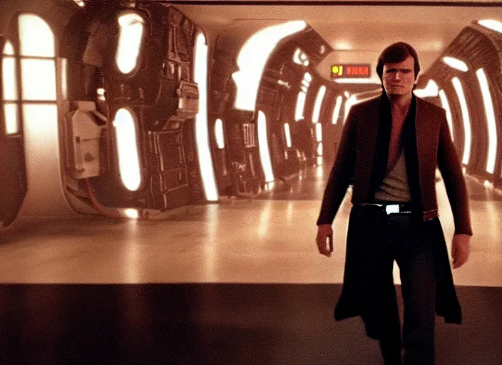 Image similar to screenshot of Han Solo dressed up as an imperial officer, iconic scene from 1970s spy thriller film directed by Stanley Kubrick, in a sci-fi shipping port, last jedi, 4k HD, cinematic lighting, beautiful portraits, moody, stunning cinematography, anamorphic lenses, kodak color film stock